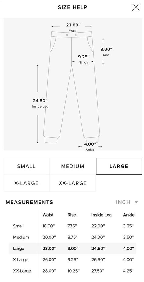 size chart for essentials pants.